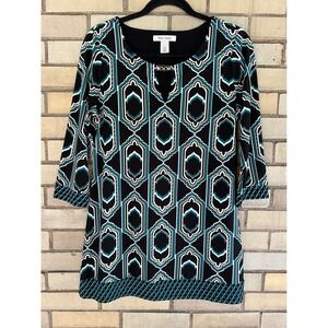 White House Black Market Geometric Keyhole Tunic Top Teal Black Size Small WHBM